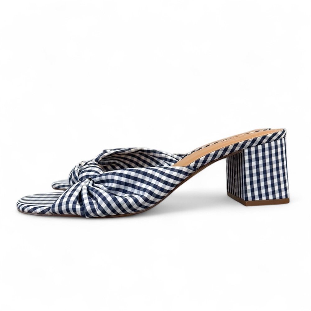 J.Crew Gingham Knotted Block Heel Mules Blue White - Picture 2 of 4
